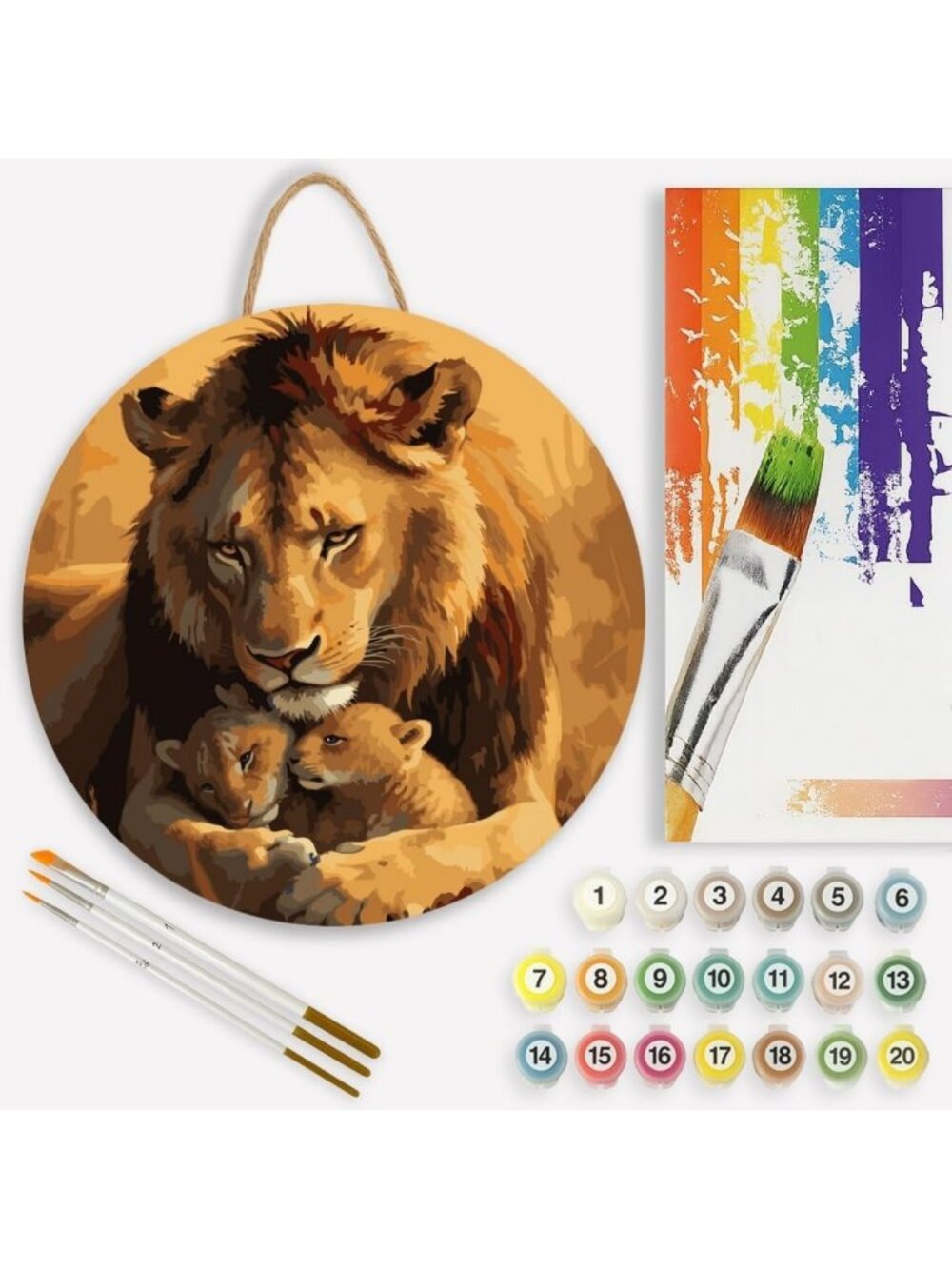 Wildlife Paint by Numbers Kit - DIY Male Lion & Cubs on Wood, Acrylic Art Set